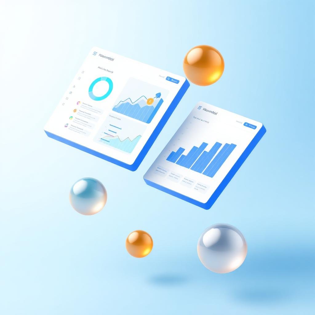 Glossy 3D floating dashboard mockups with blue charts and amber spheres